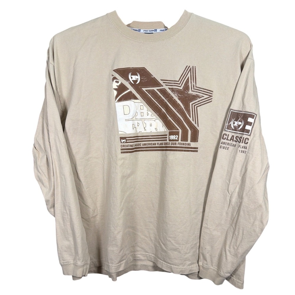 Vintage Phat Farm 1992 American Flava Graphic Long Sleeve T-Shirt Tan XXXL USA